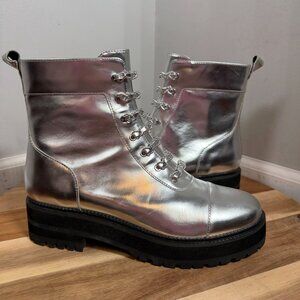 Cecelia New York Chance Silver Metallic Chain Lace Side Zipper Ankle Boots 8.5